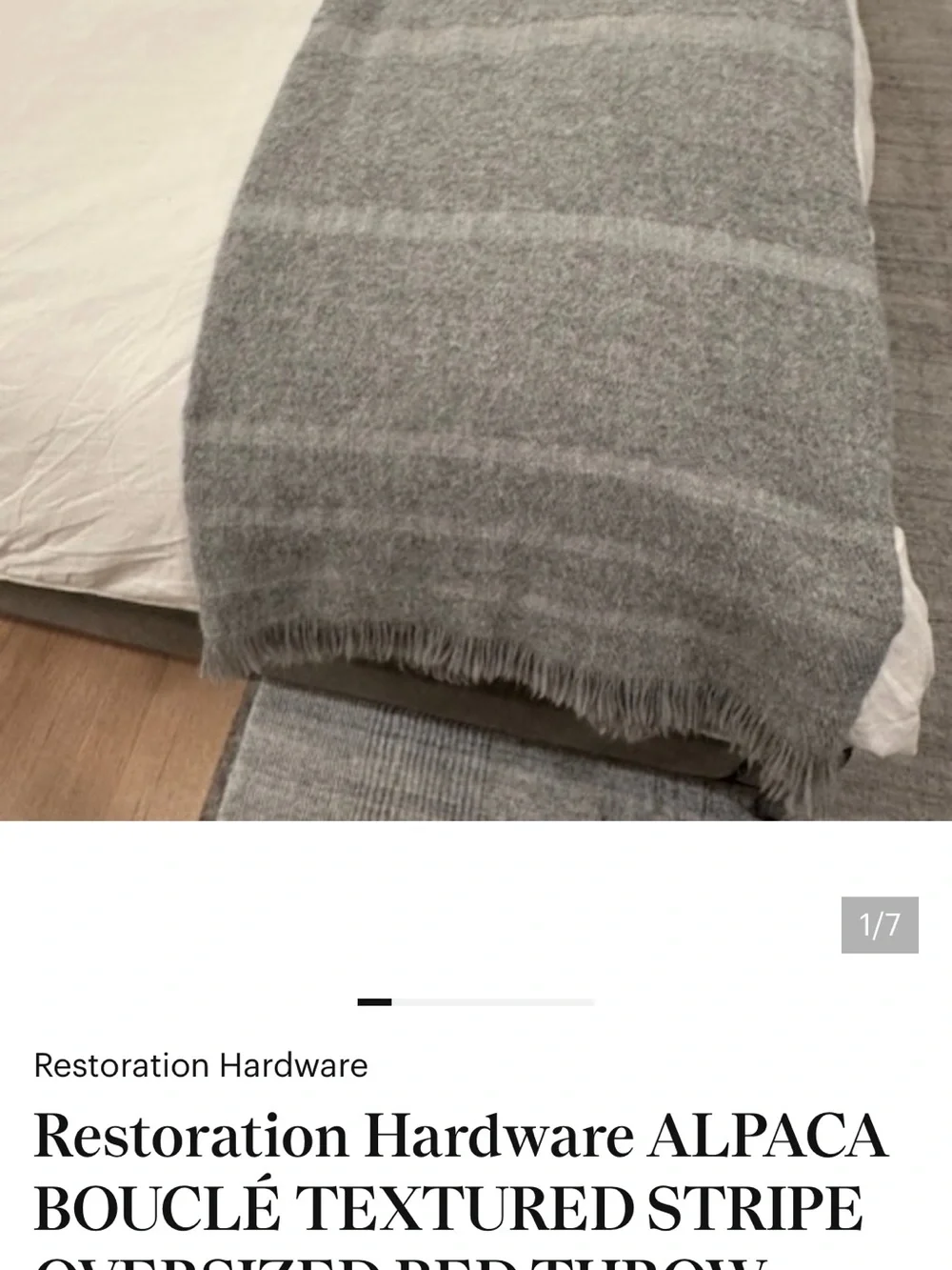 Alpaca stripe Restoration Hardware Gray Wool Bed Throw Blanket